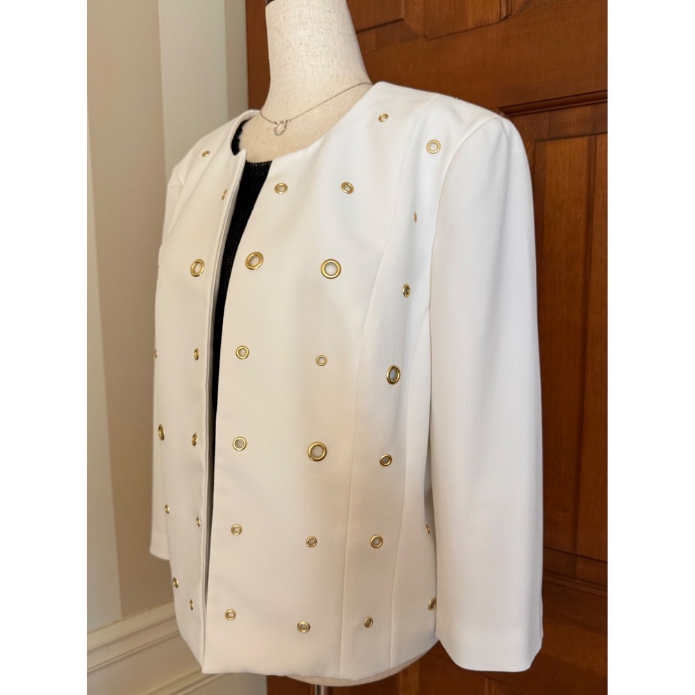 Kasper Open Front Blazer Jacket Womens Size 16P Petite White/Gold Career Office